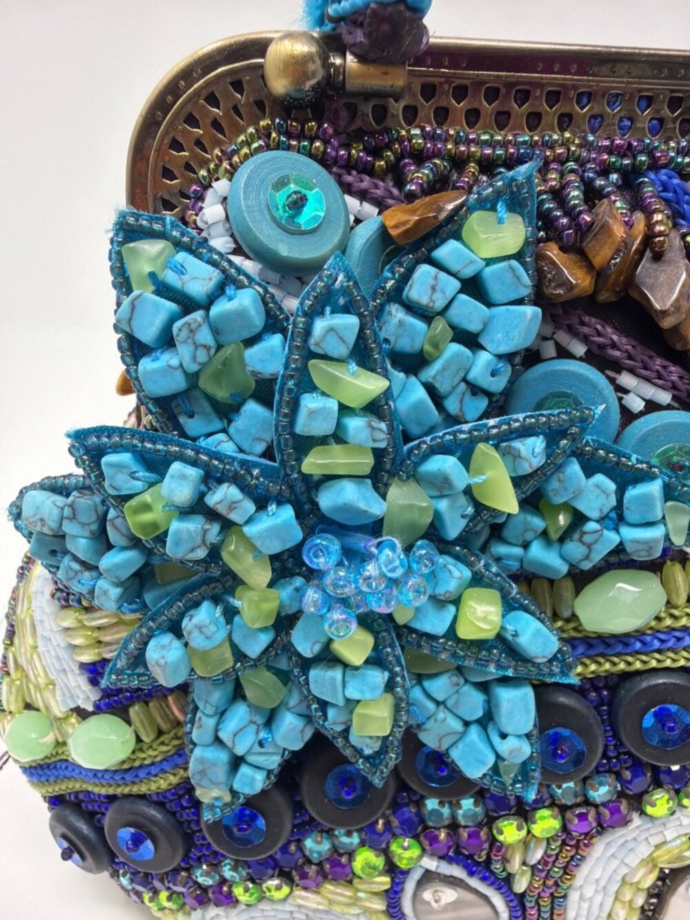 Chico's Beaded Evening Bag Blue Purple Floral Embellished Top Handle Purse - Picture 10 of 16